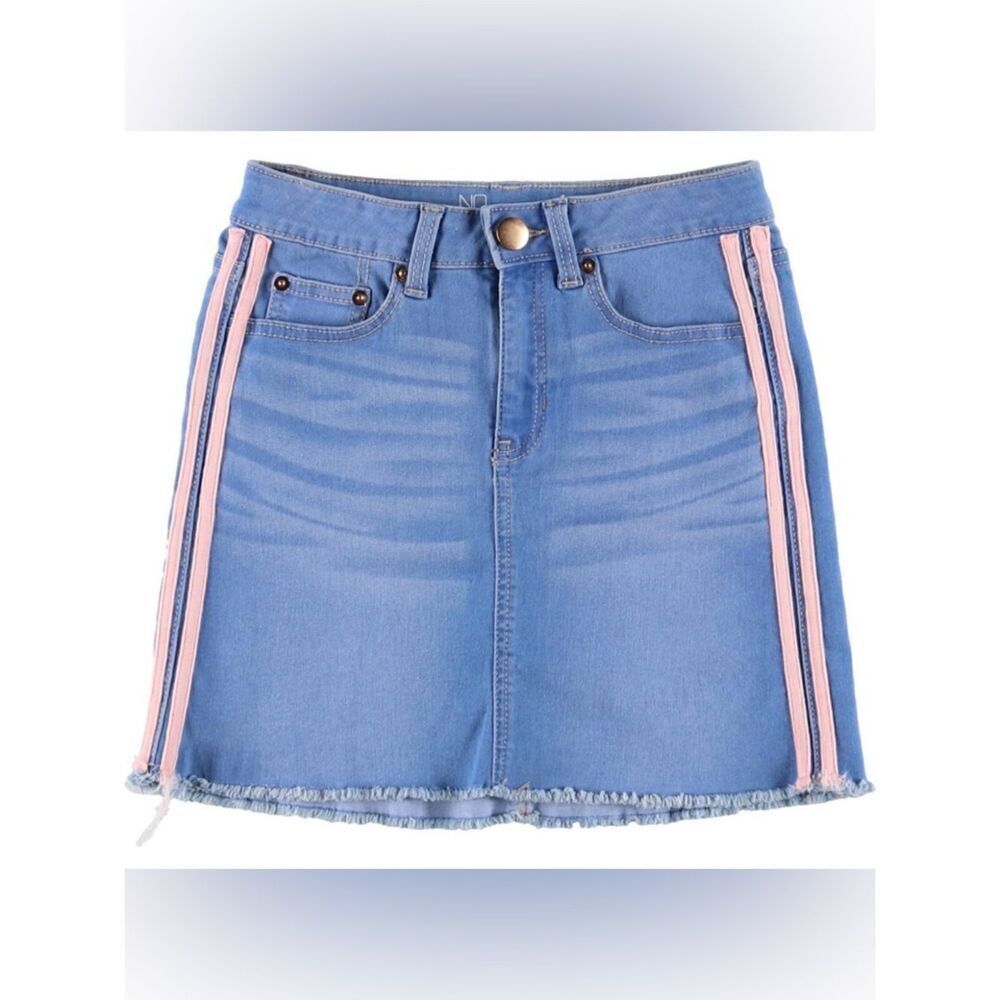 Nobo Blue Denim Skirt with Pink Stripe mid rise size 9 zipper button pockets